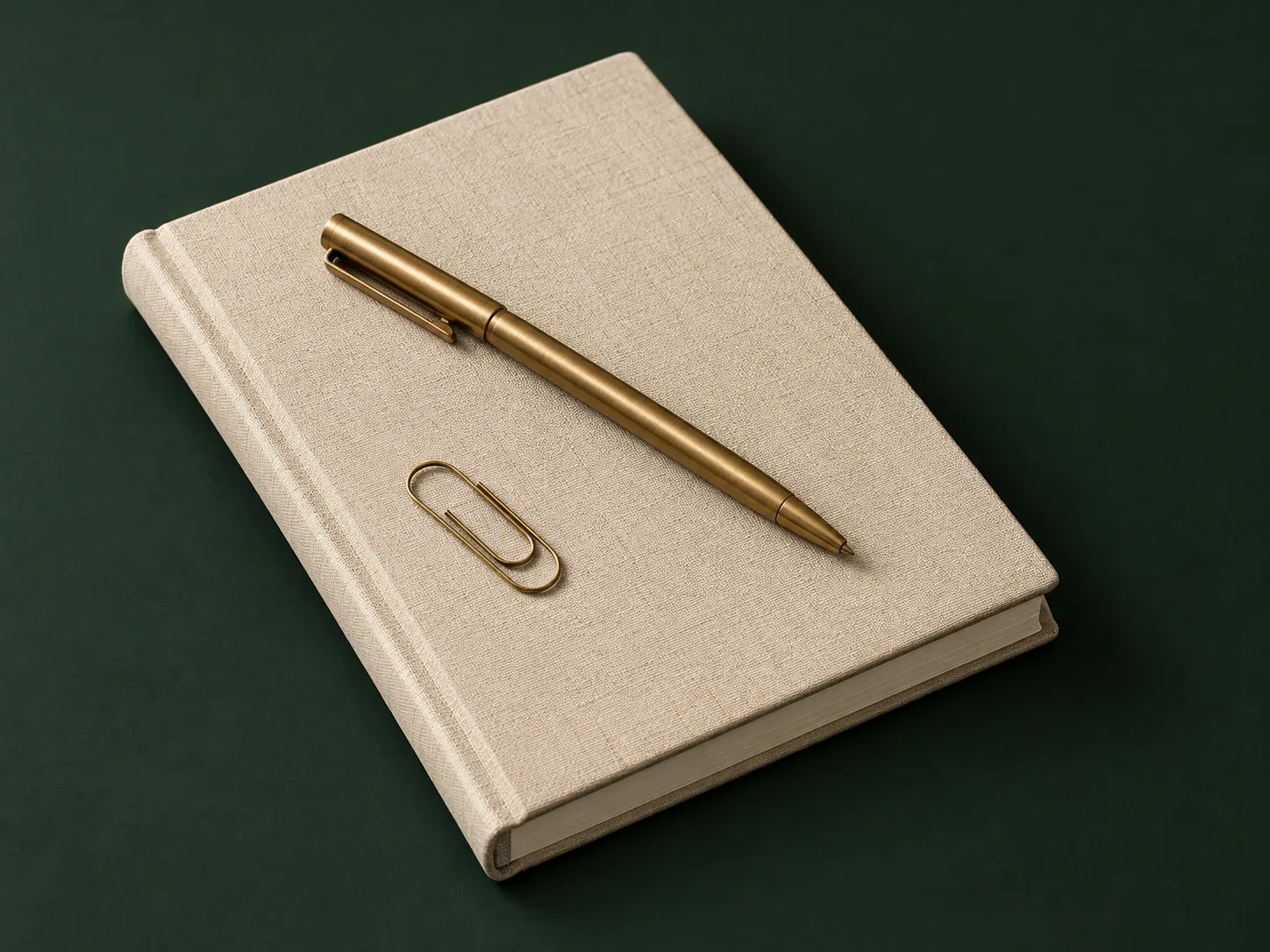 A closed linen appointment book with a brass pen and paper clip on a deep green ground