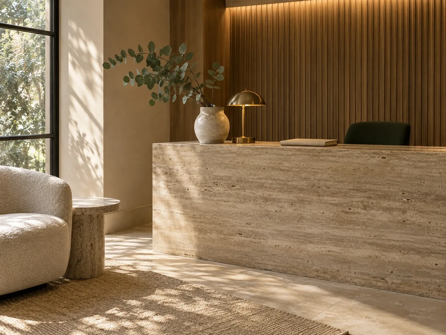 A quiet clinic reception: travertine desk, fluted oak wall, eucalyptus and a brass lamp