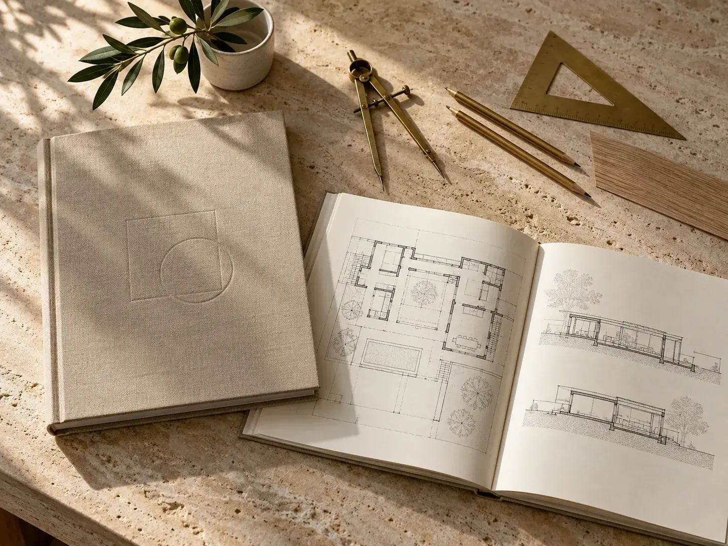 A linen-bound manual beside an open spread of floor plans and sections, with brass drafting tools on travertine