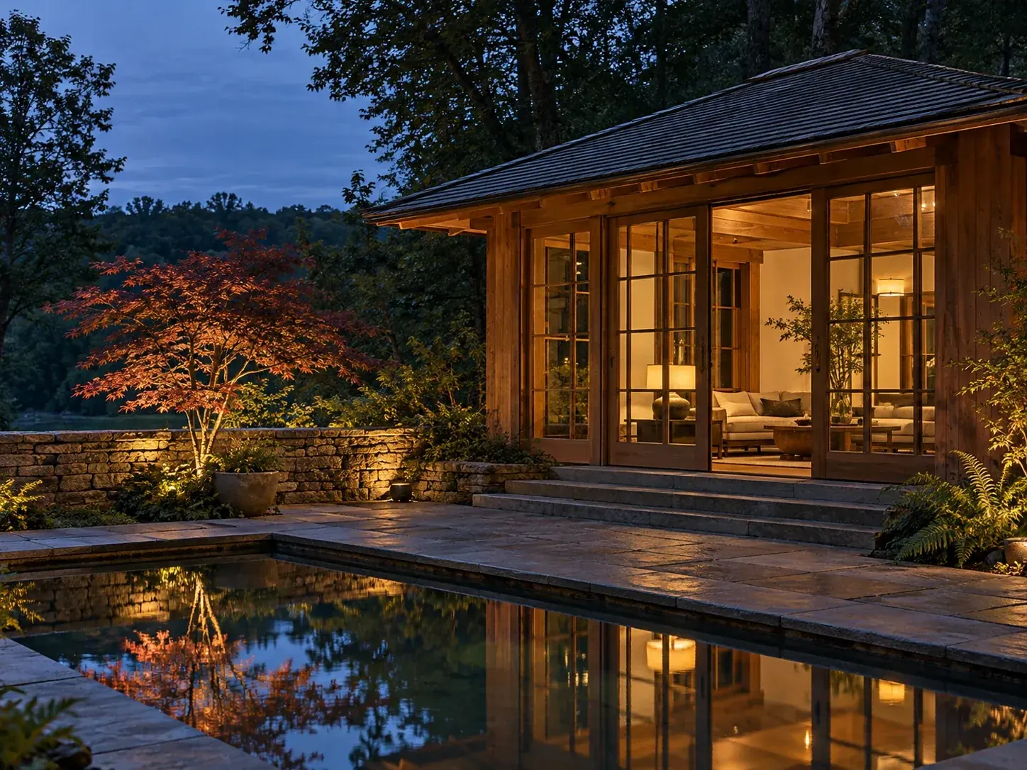 A cedar garden pavilion with a stone wall and reflecting pool at dusk, the sample project from the Alder & Stone concept