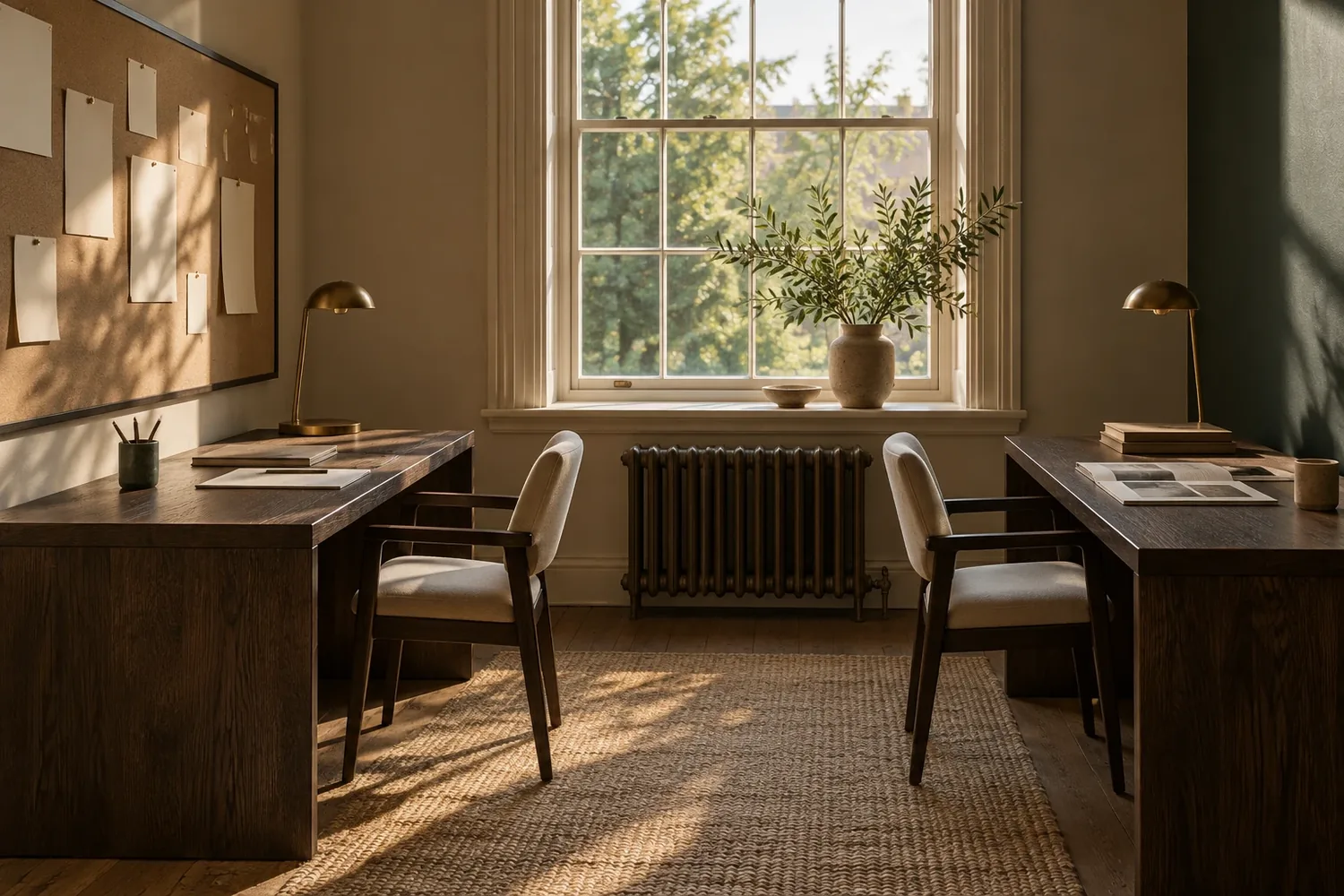 Two dark oak desks facing each other under a tall window, a pinboard of blank cards on the wall