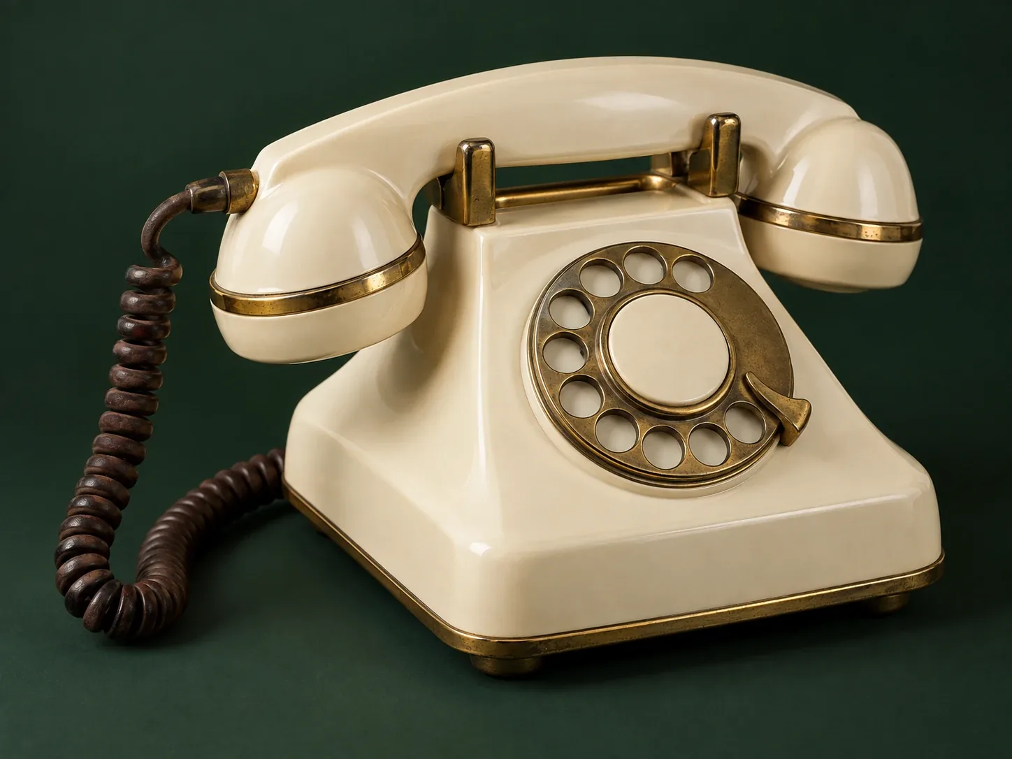 An ivory rotary telephone with brass trim on a deep green ground
