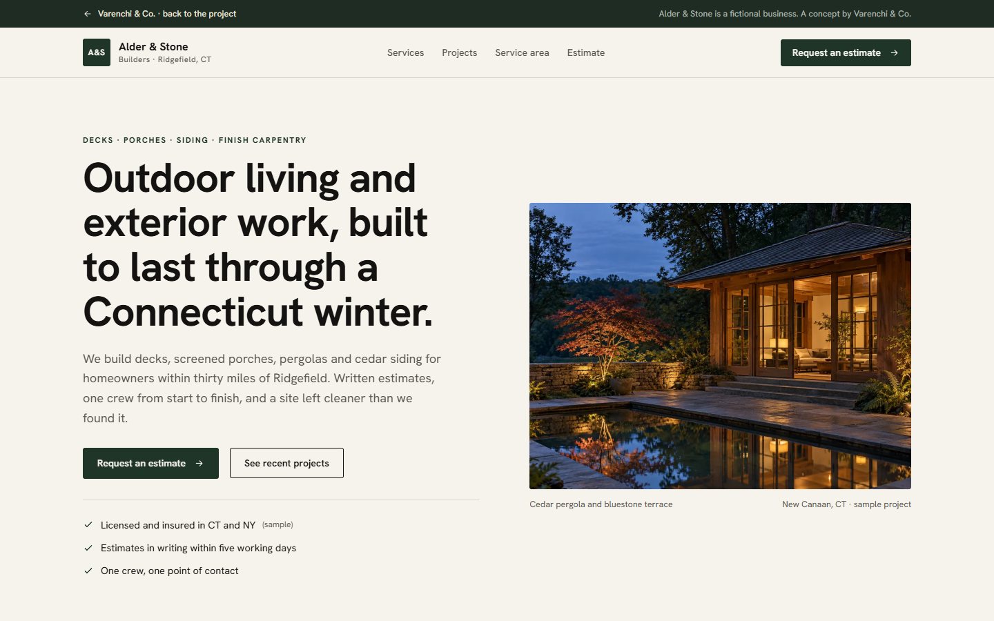 Screenshot of the Alder & Stone concept site
